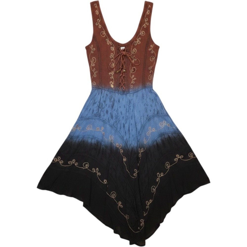 Boho Ombre Embroidered handkerchief Dress corset Lace Up Rayon Midi Festival